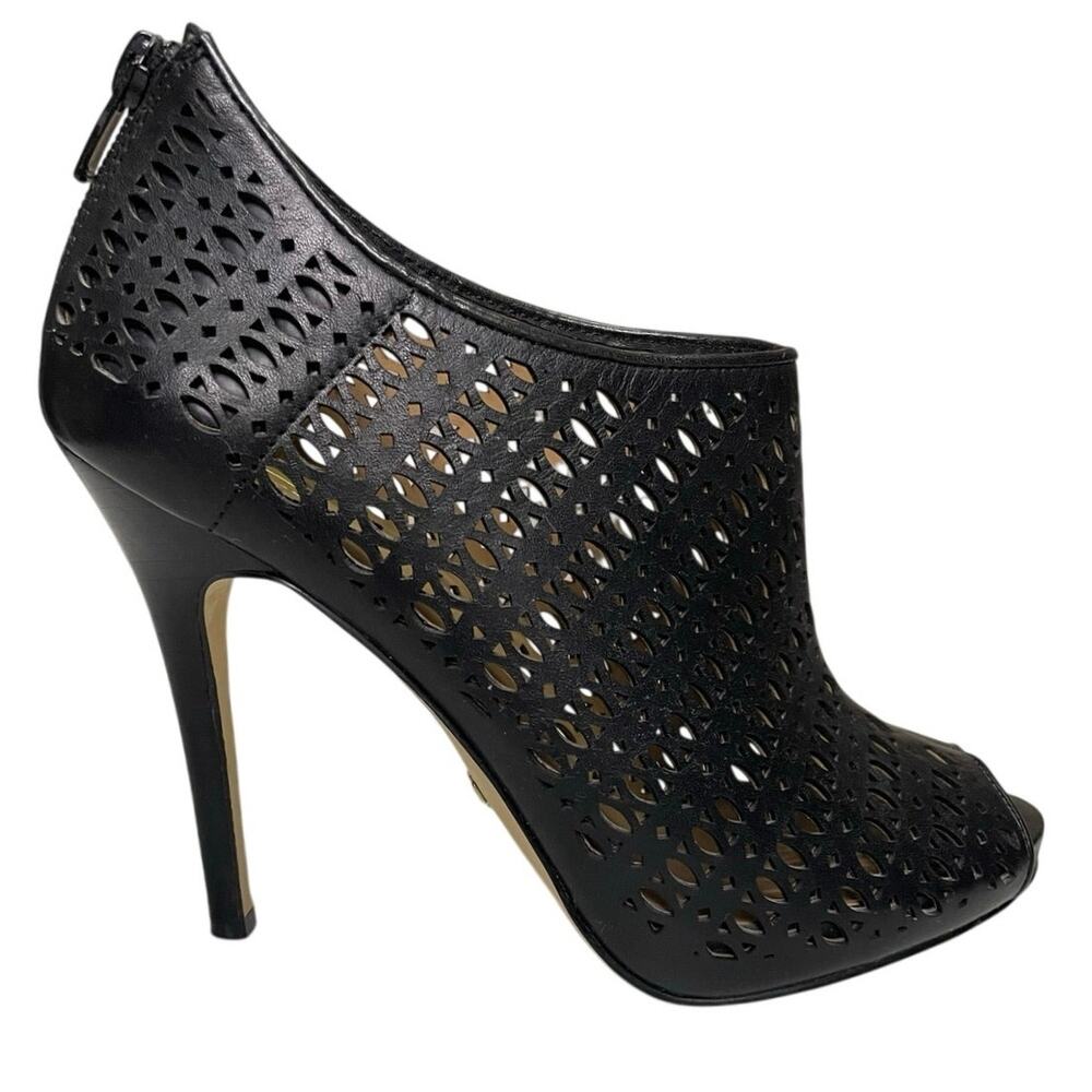 EUC - Ann Taylor Shana Lasercut Black Cage Peep Hole Stiletto Booties